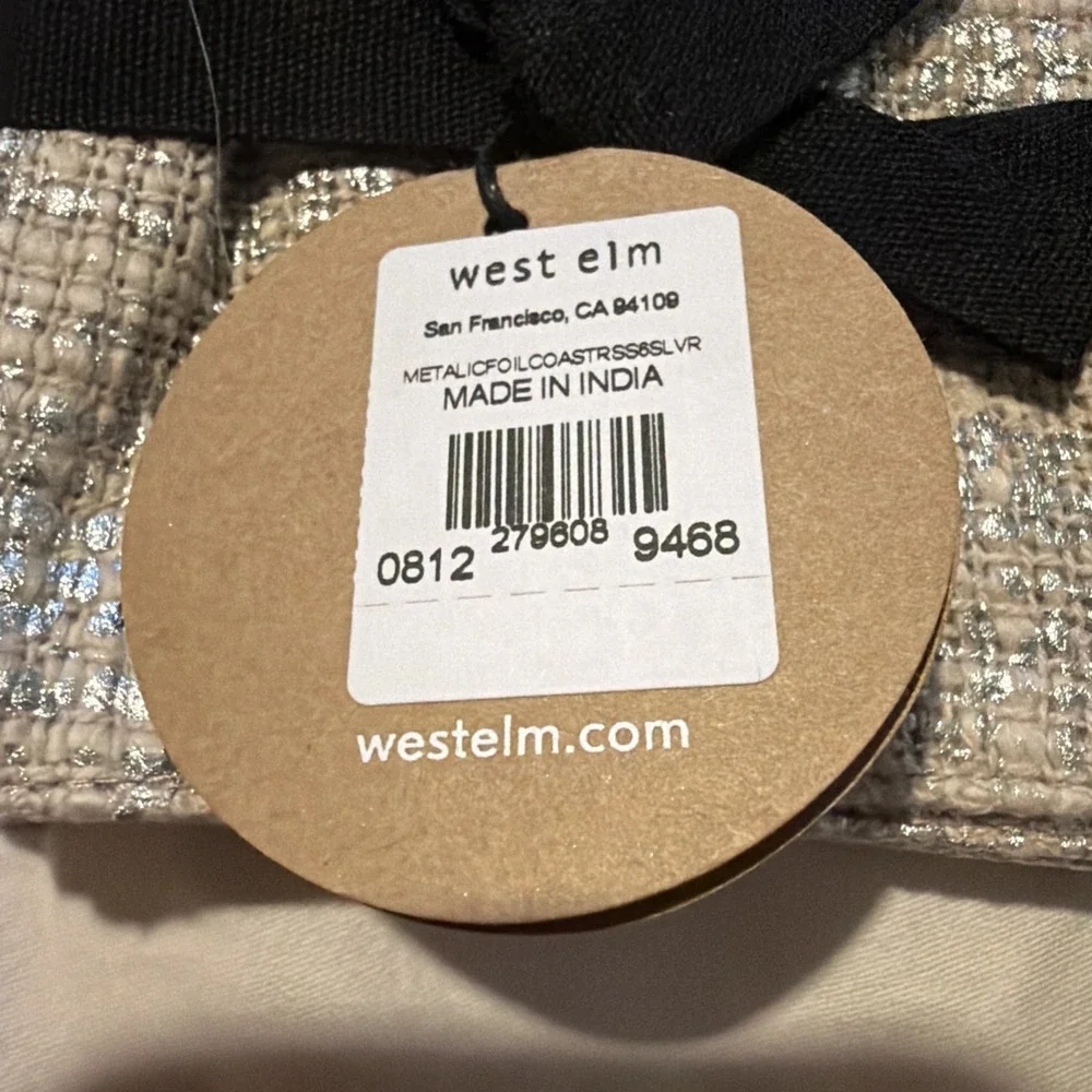 WEST ELM ~ Metallic Foil Drink Coasters SILVER SET OF 6  4